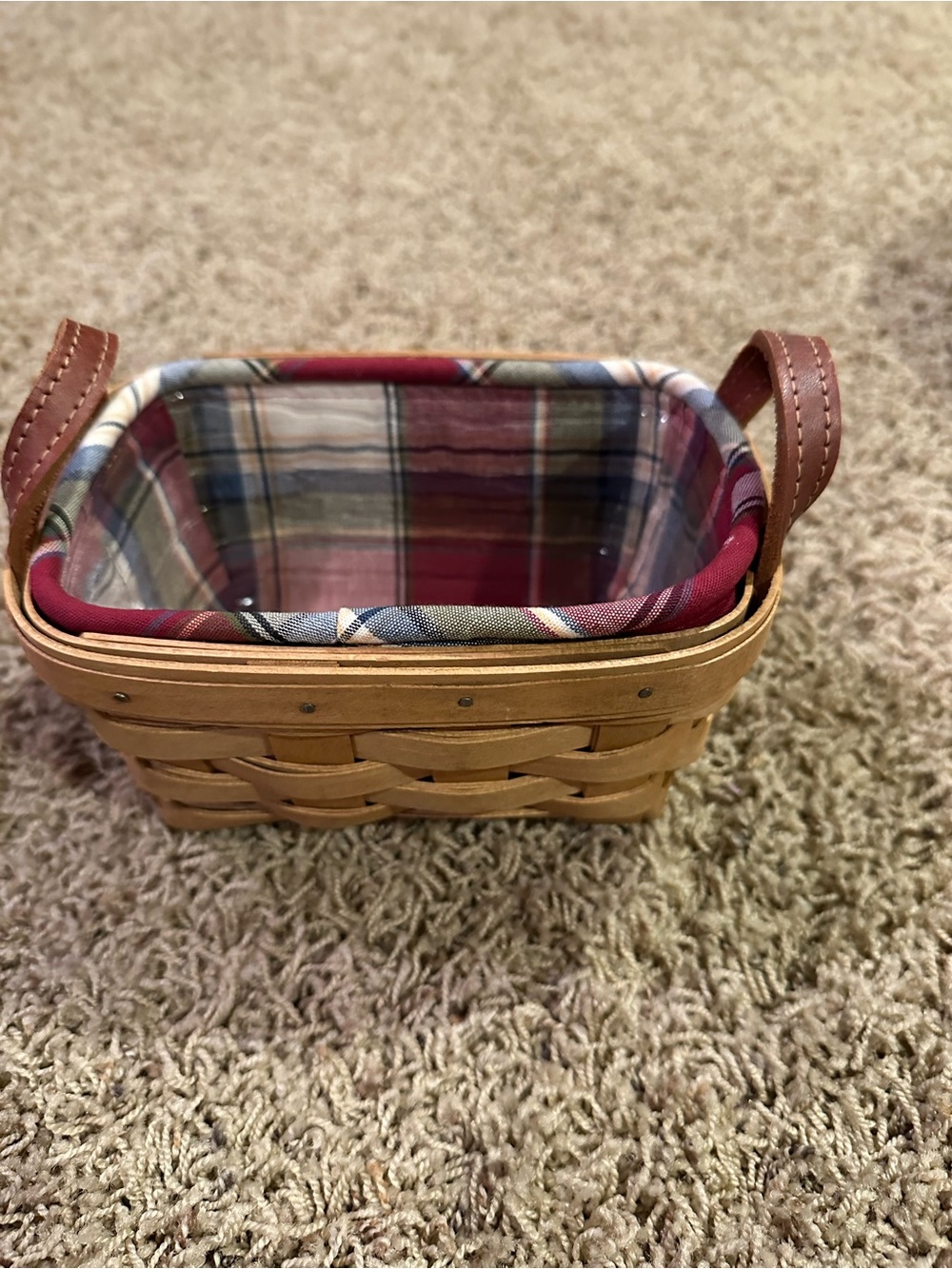 Longaberger Tea Basket with Red Plaid Fabric Liner and Plastic Protector